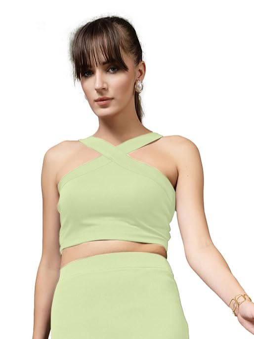 Image of OOMPH! Women Stretchable Relaxed Fit Crop Top With Stylised Shoulder Straps