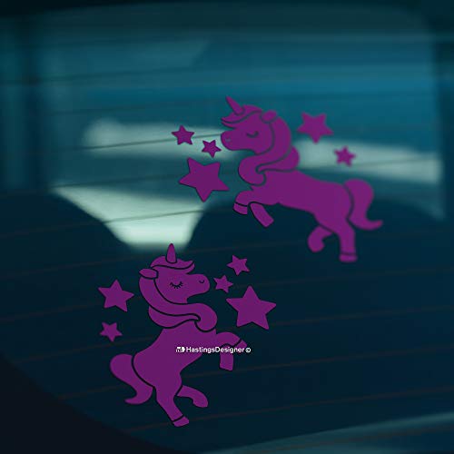 HastingsDesigner 2 pegatinas de vinilo para coche, ventana y parachoques, diseño de unicornios con estrellas (morado) Cover