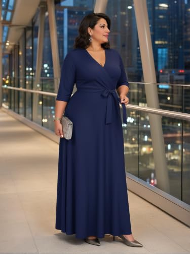 Image of SUZONANA Plus Size Maxi Dresses for Curcy Women Casual Loose 3 /4 Sleeve Long Dress with Belt