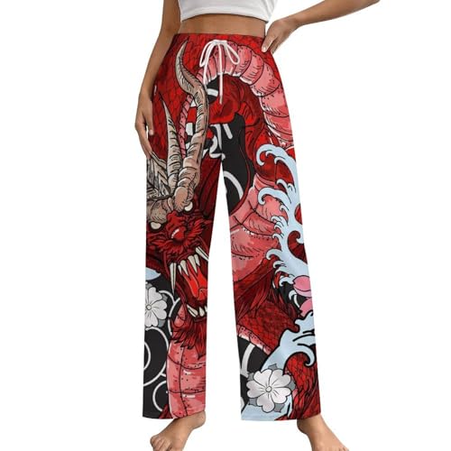 Vêtement pantalon de nuit rouge femme taille S Dragon bas de pyjama confortable