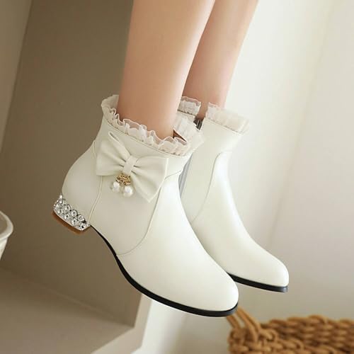 Girls Bow Ruffled Ankle Boots Classic Side Zipper Low Chunky Heel Short Booties Dress Shoes Fashion Fall Winter Shoes for Little Kid/Big Kid3