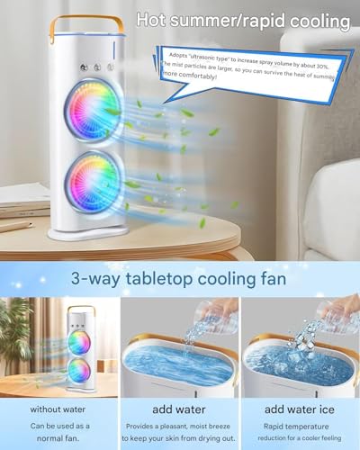 Image of DoUbLe EnDeD SpRaY FaN, CoLd AiR, 2026 NeW 3 GeArS UsB OsCiLlAtInG FaN WiTh LeD LiGhT CoOlEr, ToUcH & ReMoTe CoNtRoL, 280mL WaTeR TaNk, IcE FiLlInG FaN - WhItE
