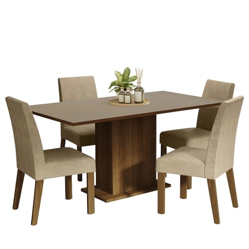 Image of Madesa 4 Seater Dining Set Rectangular Table Top Sturdy Wooden with Cushioned Seats 160 Cm for Dining Room and Kitchen - Brown /Cream