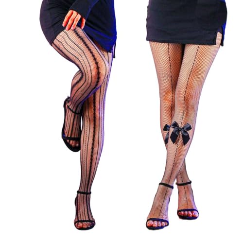 Lace Fishnet Tights Bow Transparent Mesh Pantyhose for Women White 2 Pairs
