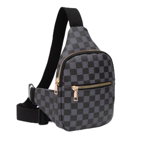 Designer Checkered Sling Bag with Gold Zippers, Grey and Black Pattern, Crossbody Strap