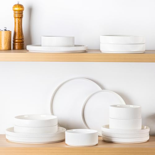 Image of TheTerra Ceramic Dinnerware Sets for 6, 18 Pieces Porcelain Lightweight Plates and Bowls Sets, Scratch Resistant Dish Set, Oven & Microwave & Dishwasher Safe, Bright White
