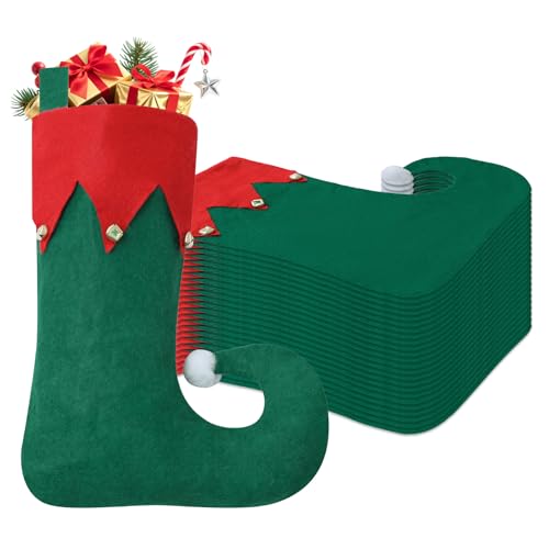 Tokforty 24 Pack Christmas Elf Stockings, Felt Elf Christmas Stocking with Bells Hanging Stockings, Green Xmas Stockings for Family Christmas Holiday Decorations