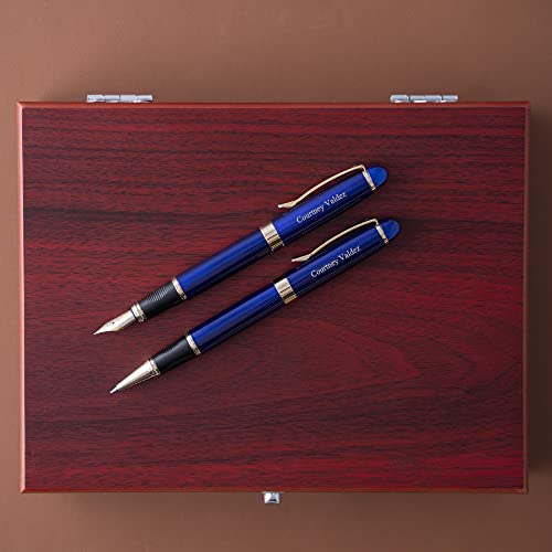 Dayspring Pens | Engraved/Personalized Alexandria Fountain Pen And Rollerball Gift Pen Set With Case - Blue. Custom Engraved Fast With Gift Recipient's Name Or Custom Message. #TOP3