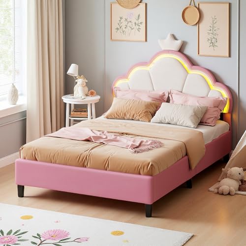 DULRLLY Lit Enfant Double 140x200 cm, Lit Princesse Fille avec LED & Tête de Lits Réglable en Hauteur en Forme de Couronne, Lit Princesse Capitonné avec Sommier à...