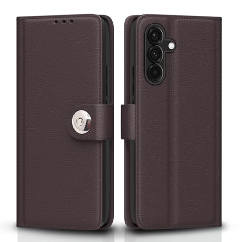 Image of Pikkme Flip Cover Leather Finish | Inside TPU with Card Pockets | Wallet Stand and Shock Proof | Complete Protection Button Flip Case for Samsung Galaxy A56 5G(Coffee)