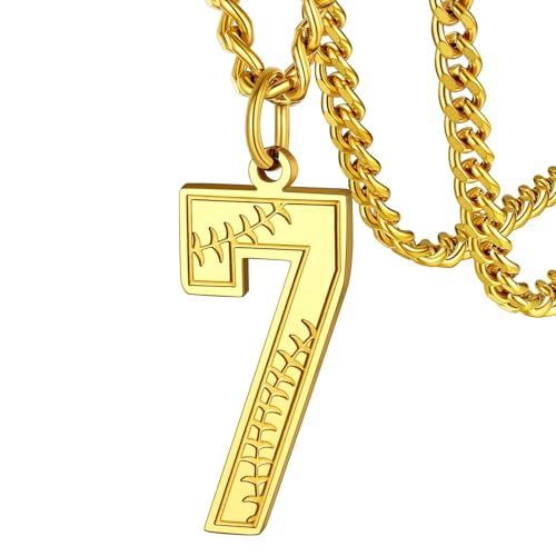 FaithHeart Lucky Number Pendant Necklace for Men Women, Stainless Steel Athlete Sports Jewelry Personalized Customizable Gold 7