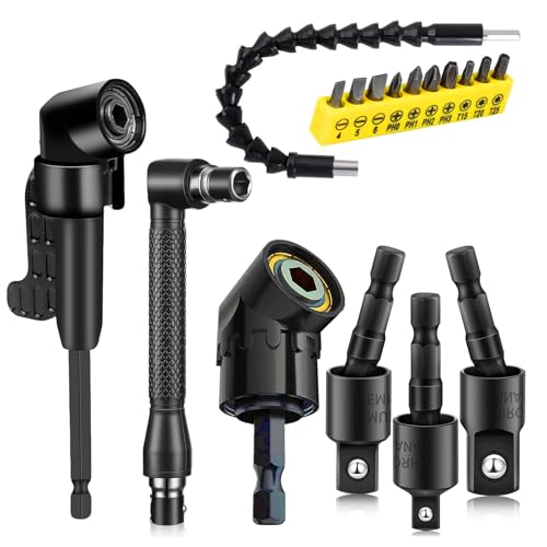 17 Pcs Flexible Drill Bit Extension 105 Degree Right Angle Drill Adapter 360 Rotatable 1/4 3/8 1/2 Impact Grade Socket Adapter Set 90 Angled Bits Super Bit Shaft Extension Bits Screwdriver Bit Set