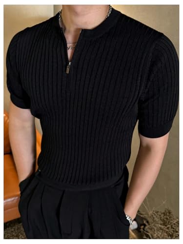 Men's 1/4 Zip Pullover Top Ribbed Short Sleeve Sweater Casual Knit Tops3