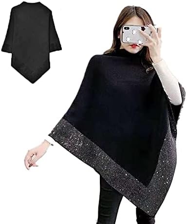 AUNTHUI Women's Wool Shiny Rhinestone Irregular Sweater Shawl,Winter Warm Thick Knit Hem Cape,Fashion Casual Bat Sweater (Black,2XL)