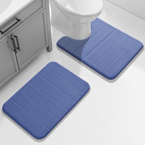 Image of Yimobra Memory Foam Bath Mat Set, 2 Pieces Soft Bathroom Rugs, 17x24 and 24x20.4 U-Shaped, Non Slip, Thick, Dry Fast, Navy Blue