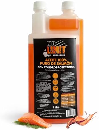 NO Limit Aceite de salmón para Perros y Gatos con condroprotectores – Aceite de Salmon Perros Rico en Omega 3 para articulaciones, Piel y Pelo Saludable (1L)