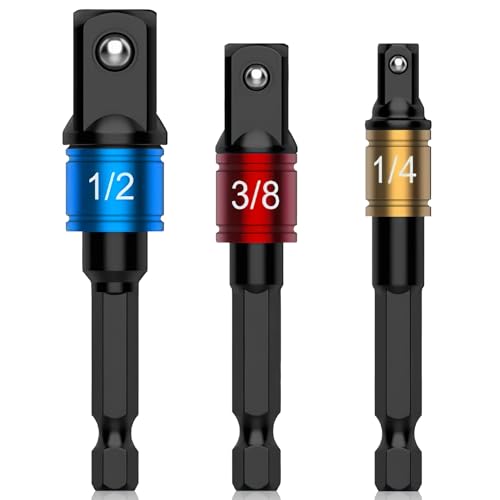 Lot de 3 adaptateurs pour clés à douille à pointe de perceuse, adaptateurs professionnels 1/4, 3/8, 1/2 pour tournevis à impulsion, ensemble d'adaptateurs pour douilles à percussion, jeu de clés à