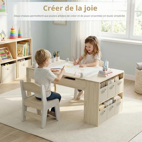 MAMIZO Table pour Enfant avec 2 Chaises, Bureau Enfant en Bois, Jaune – vue 6