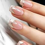 French Tips Press on Nails 24Pcs Glossy Gold Curve Line Short Square False Nails Cat Eye Acrylic Fake Nail Sparkly Polish Stick on Fingernails Polish Gel Glue on Nail for Coquette Women Girls