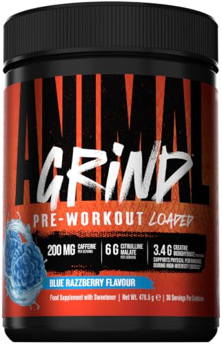 Animal Grind Pre-Workout-Pulver, Blaue Himbeere, 30 Portionen – 200 mg Koffein, 6 g Citrullin Malat, 3,4 g Kreatin Monohydrat, zuckerfrei, vegan, ohne künstliche Farbstoffe