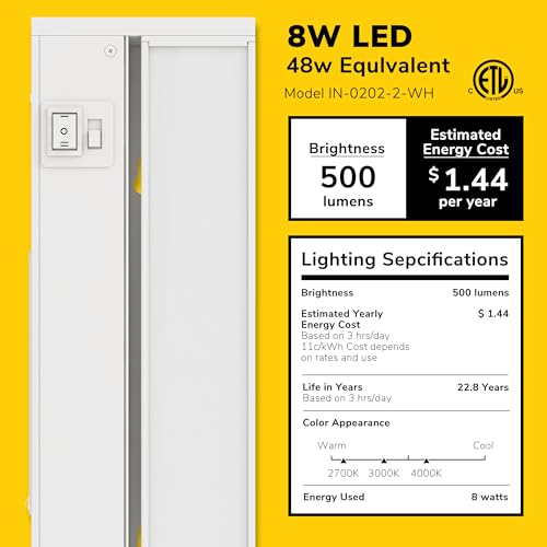 Image of GETINLIGHT 18-Inch Swivel LED Under Cabinet Light, 3-CCT Selectable, White | Choose from 2700K, 4000K, or 5000K. Glass lens, wall-dimmer compatible. Model: IN-0202-2-WH