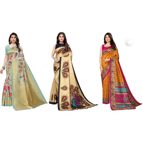 Image of Yashika Women's Sarees Women's Combo Art Silk Printed Saree With Unstitched Blouse Piece |saree for Women | saree combo | New Sari | Saree Pack Of 3