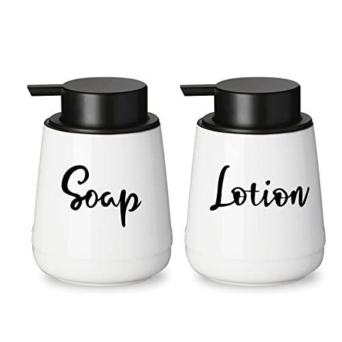 LEETOYI Farmhouse Ceramic Soap and Lotion Dispenser Set with Pump 14oz for Bathroom (White)