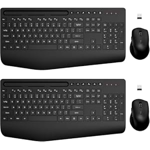 Combo de teclado y mouse inalámbricos, diseño ergonómico de tamaño completo con reposamuñecas acolchado, soporte para teléfono integrado, conectividad USB silenciosa de 2.4 GHz para PC, laptop