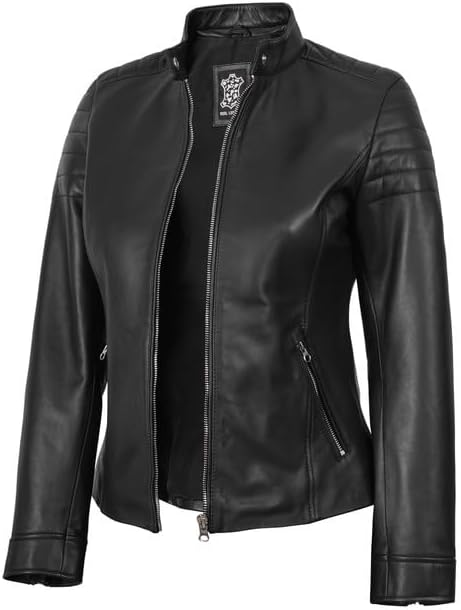 Decrum Womens Leather Jacket - Real Lambskin Cafe Racer Style Leather Jackets for Women