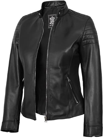 Decrum Womens Leather Jacket - Real Lambskin Cafe Racer Style Leather Jackets for Women