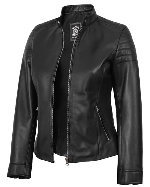 Decrum Black Leather Jacket Woman - Leather Biker Cafe Racer Jacket Women | [1309743] Carrie Black, M