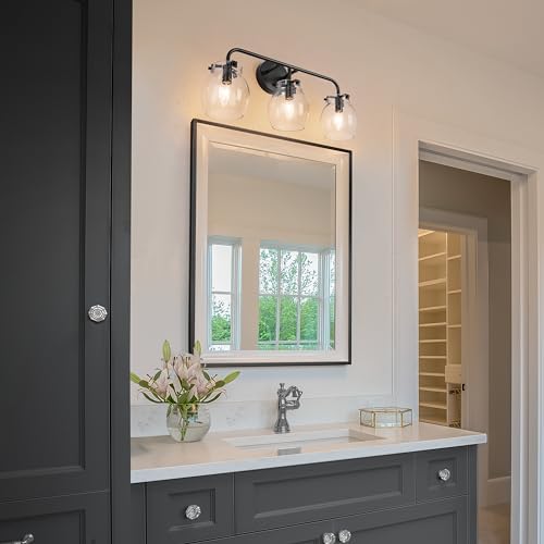 Image of KSANA Black Bathroom Light Fixtures, 3 Light Matte Black Vanity Lights for Bathroom with Seeded Glass Globe, 22 inch Modern Farmhouse Bathroom Lights Over Mirror