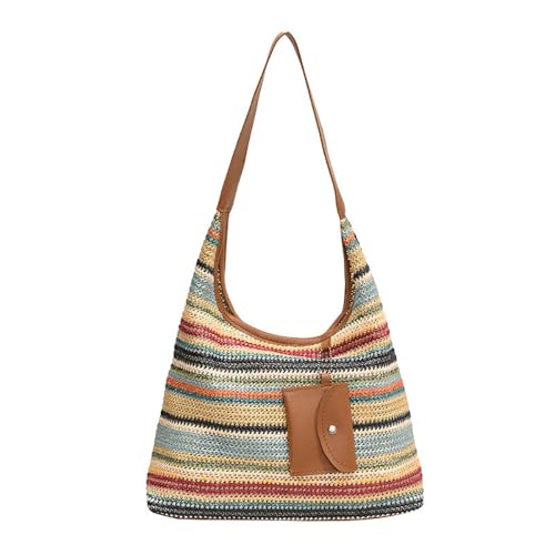 Women's Woven Beach Shoulder Handbag Colorful Straw Tote Bag Summer Vacation Crossbody Bag