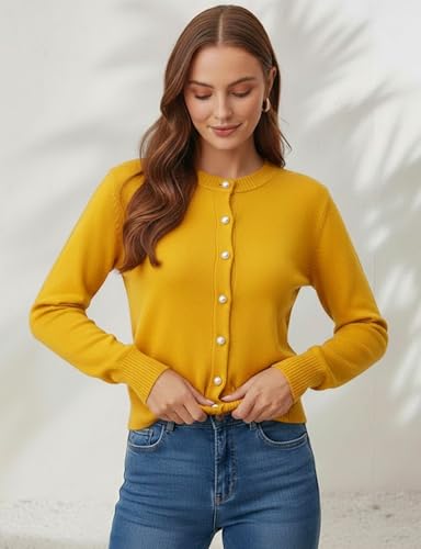 Image of Women's Casual Slim Fit Cardigan Sweaters Long Sleeve Button Down Lightweight Waist Length