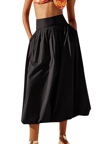 SANSIWU Women's Casual Bubble Maxi Skirt Ankle Length Skirt Elastic Waist Puffball Long Skirt A-Line Balloon Maxi Skirts (A-Black, M)