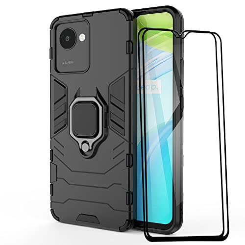 ESTH® Kompatibel mit Realme C30/Narzo 50i Prime Hülle mit 2 Pack Panzerglas [Strapazierfähig] Ring Ständer Hülle [für Handyhalterung Auto Magnet] Militär Stoßfest Handyhülle, Schwarz