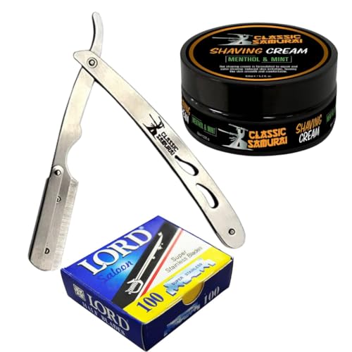 Classic Samurai CS-102 Stainless Steel Professional Barber Straight Edge Razor with 100 Count Single Edge Razor Blades and Strong Menthol Shaving Cream 150ml Set