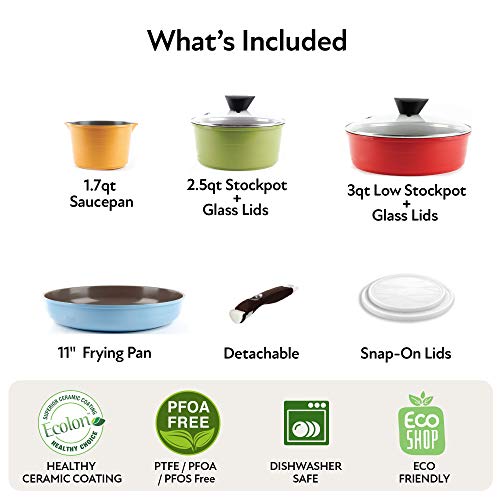 Neoflam Midas 9Pc Nonstick Ceramic Cookware Set, Pfoa Free Kitchenware With Saucepan, Frying Pan, Stove|Oven Pot, Tempered Glass Lids And Smart Detachable Handle, Oven Safe, Space-Saving, Multicolor #TOP5