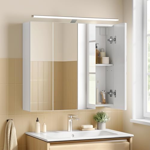 VASAGLE Kailyn Collection - Armoire Murale à 3 Portes Miroir avec Éclairage, Meuble de Salle de Bain, Étagères Réglables, Style Moderne, 15 x 60 x 55 cm,...
