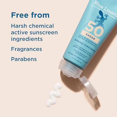 Image of Blue Lizard Sheer Mineral SPF 50 Sunscreen Lotion, Zinc Oxide, 100% Mineral Formula, Nourishes with Australian Desert Lime and Peach, Paraben-Free, Fragrance-Free, 3 fl oz, (Pack of 2)