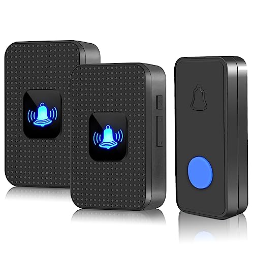 Nestling Wireless Doorbell, IP55 Waterproof Cordless Door Bells Chime Kit-1000 Ft Range 55 Chimes 5 Volume, Battery Operated Push Button & 2 Plug-in Receivers with LED Flash Easy Install Black
