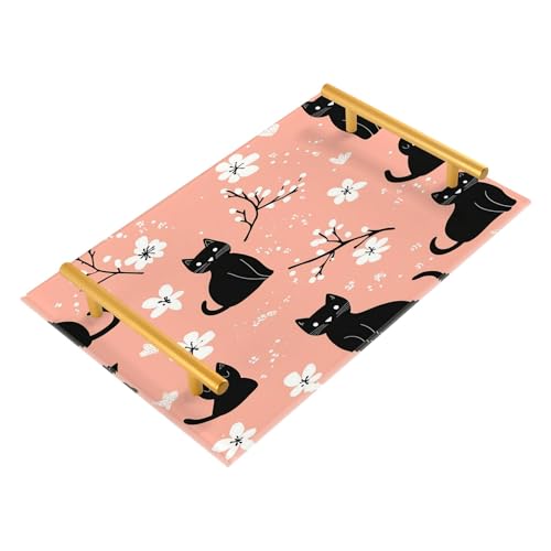 BOESI Doodle Black Cat and Flower Tray, Tray with Handles, Countertop Organizer, Decorative