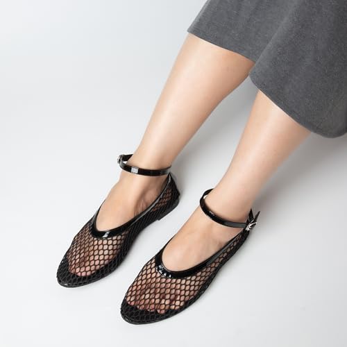 Women's Mesh Ballet Flats Shoes for Women Fishnet Ballet Flats Mary Jane Flats Round Toe Comfortable Dressy Netted Ballet Flats with Buckle Strap Black3