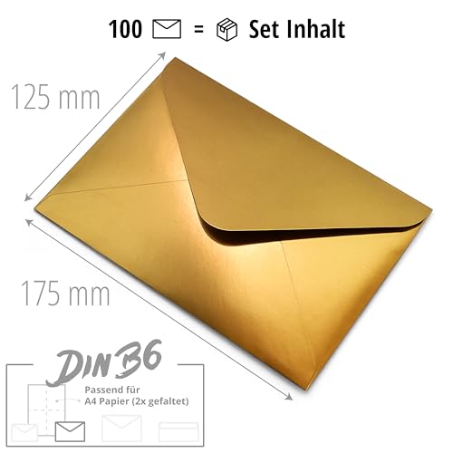 Japun – Briefumschläge (100 Stück) aus Papier, Kuvert, Umschlag ohne Fenster - DIN B6-175 x 125 mm - gold