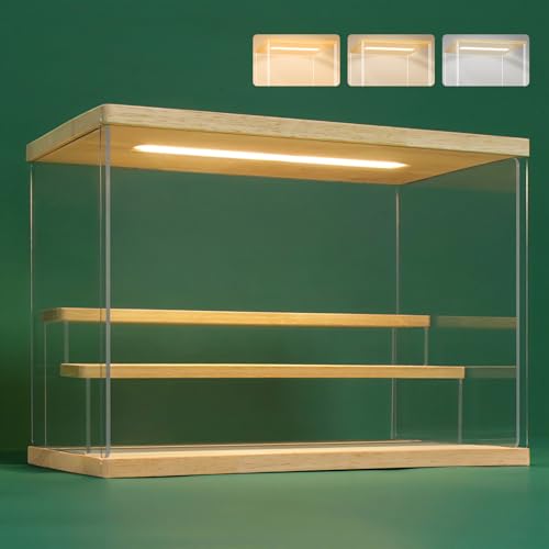 NONEMEY Vitrine pour Collection en Acrylique Transparente avec Éclairage LED Tricolore – Présentoir Anti-Poussière 2/3/4/5/6 Niveaux pour Figurines et Lego (Bois, 3Tier-31.5x18x23cm)