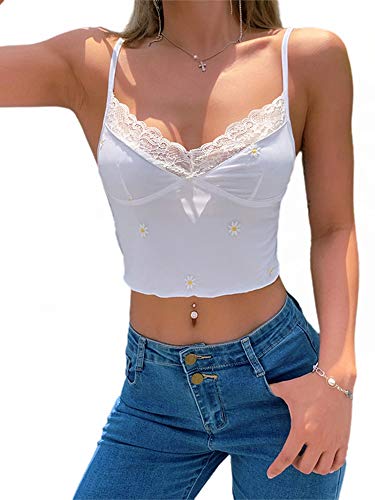 Women Lace Crop Top Sexy Strap Tank Top Backless Slim E-Girl Camis Sleeveless Summer See Through Camisole Top Shirt (Daisy, Small)