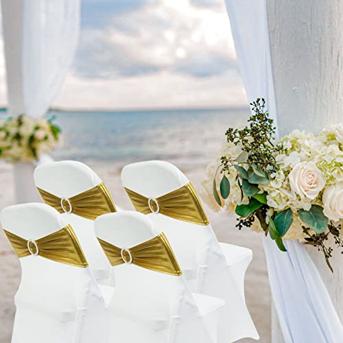 Image of Spandex Chair Sashes Bands, Metallic Gold, 30PCS | Stretch Chair Ties Bows, With Buckle Slider, For Wedding Party Banquet Decoration