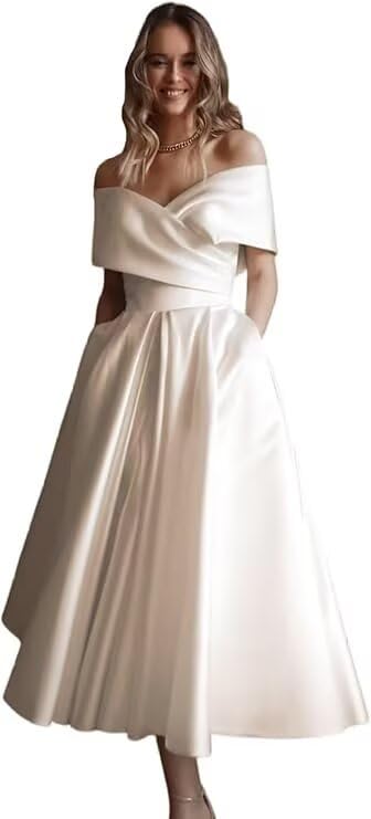 Off Shoulder Wedding Dresses for Bride Satin A-Line Evening Formal Party Prom Bridal Shower Dress