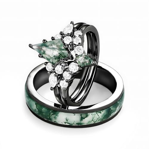 Natural Kite Cut Moss Agate Couple Wedding Rings Sets, S925 10K 14K 18K Gold Moissanite Engagement Rings Set for Man and Women, Customized His and Her 3pcs Green Promise Bands for Anniversary4
