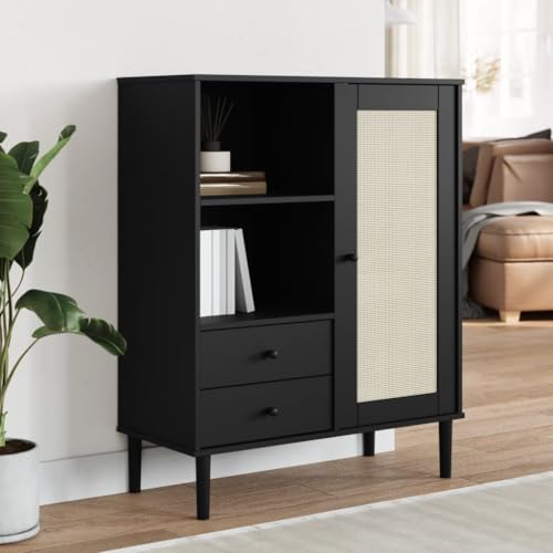 JHQHSM Highboard SENJA Rattan-Optik Schwarz 90x40x112 cm Kiefernholz...